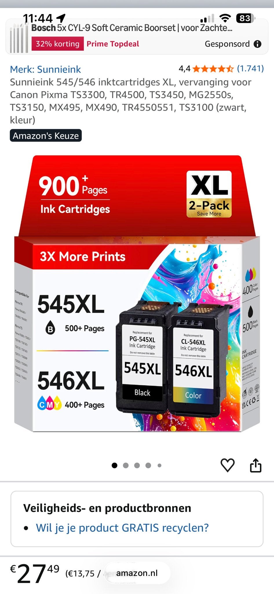 Sunnieink 545/546XL Inktcartridges voor Canon Pixma, Ophalen of Verzenden, Nieuw, Cartridge