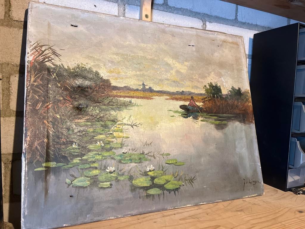 Oud Hollands Landschap Schilderij met Molen en Roeier, Antiek en Kunst, Ophalen