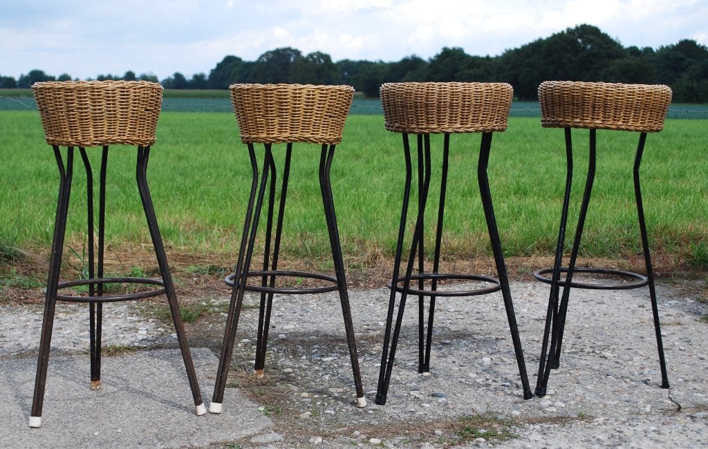Rotan barkrukken Rohe Noordwolde 1960, Metaal, Gebruikt, Met voetsteun, 60 tot 90 cm