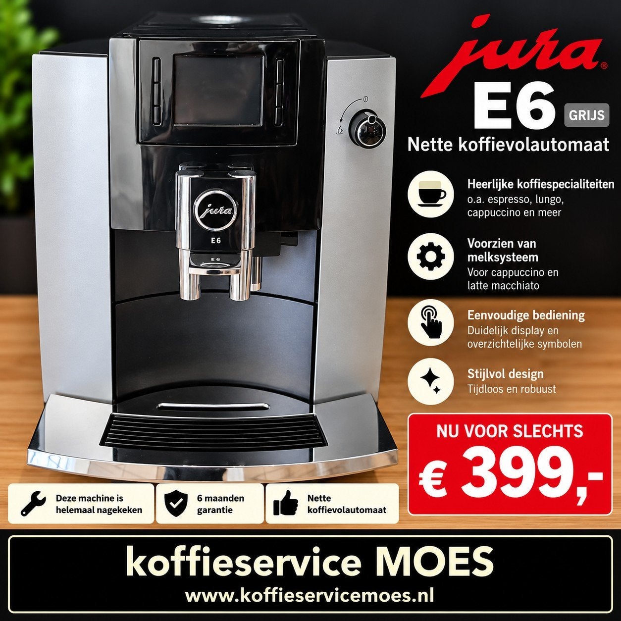 Jura E6 gebruikt gereviseerd, Afneembaar waterreservoir, 10 kopjes of meer, Koffiemachine, Refurbished