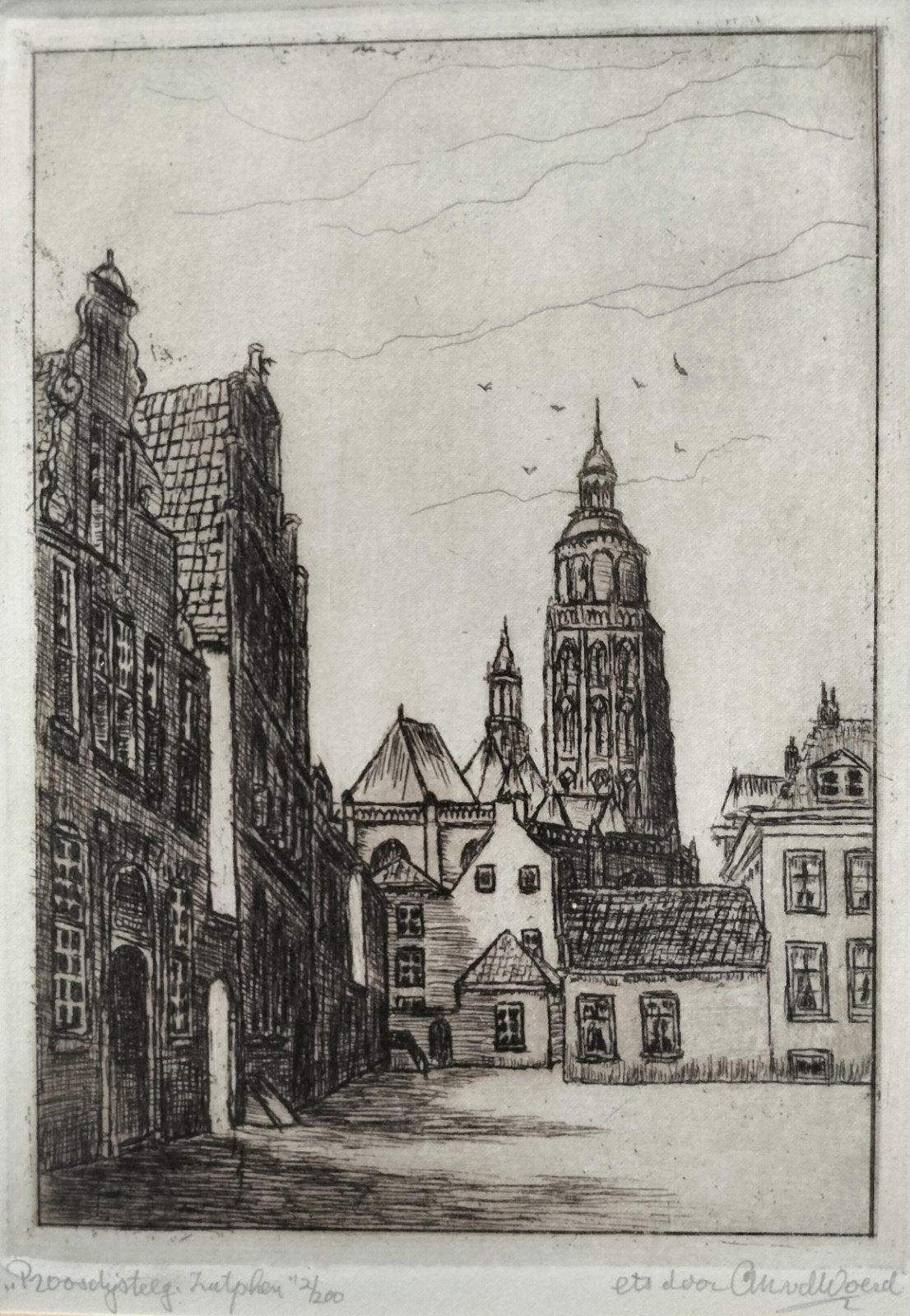 Zutphen C.M. van der Woerd oud antiek ets schilderij, Antiek en Kunst, Kunst | Etsen en Gravures, Ophalen of Verzenden