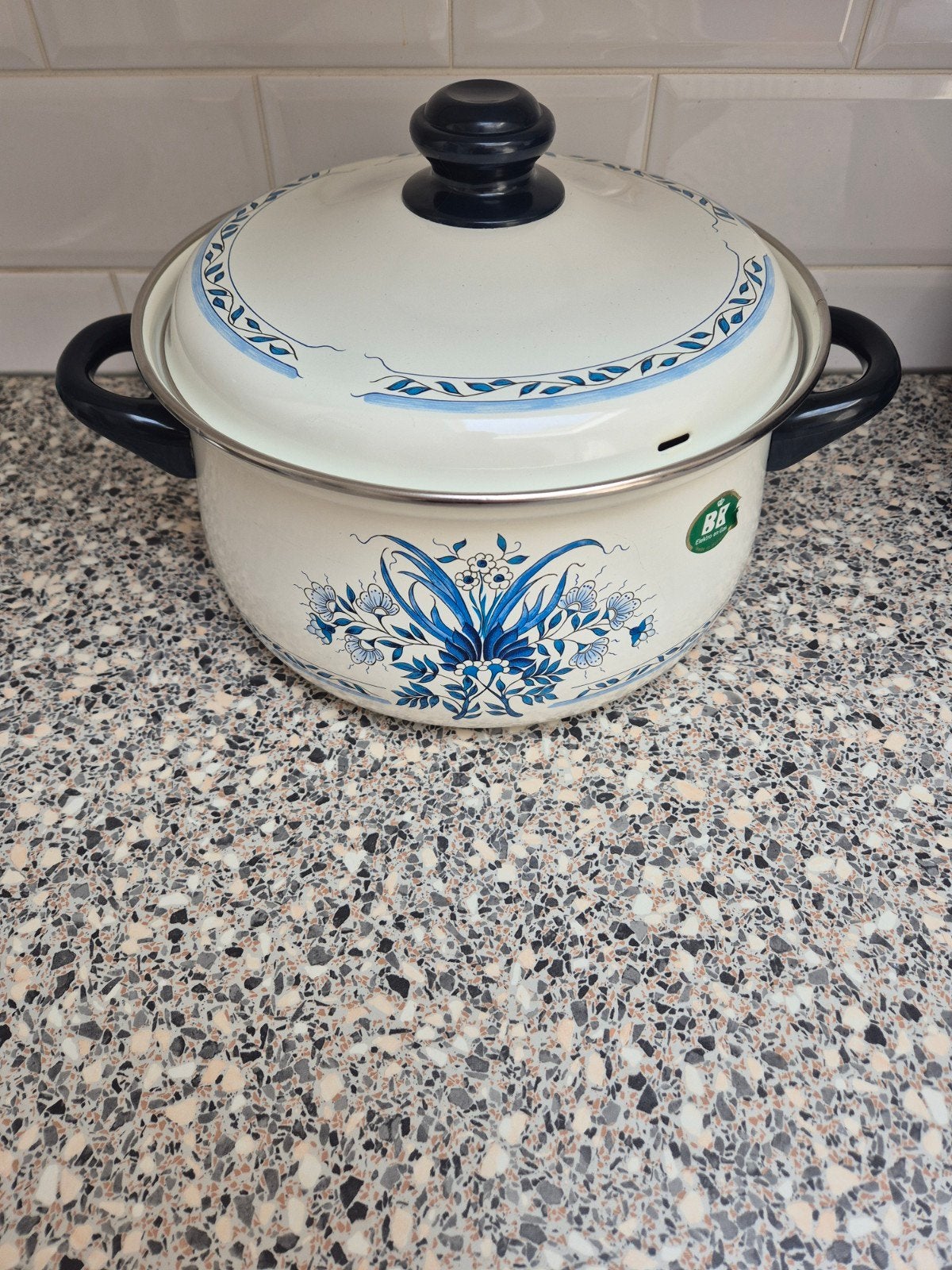 BK emaille kookpan met blauwe bloemendecoratie 6L, Ophalen of Verzenden, Zo goed als nieuw, Rvs, Kookpan of Snelkookpan