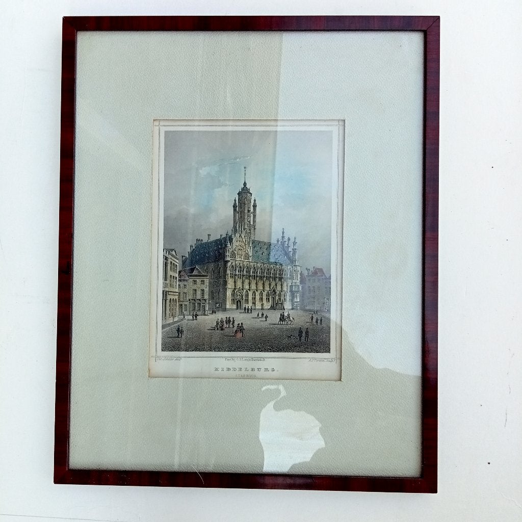 Middelburg Stadhuis Staalgravure A.J. Terwen ca. 1858 ingel., Antiek en Kunst, 31 cm, Met tekst, 1800 - 1899, Stadsgezicht