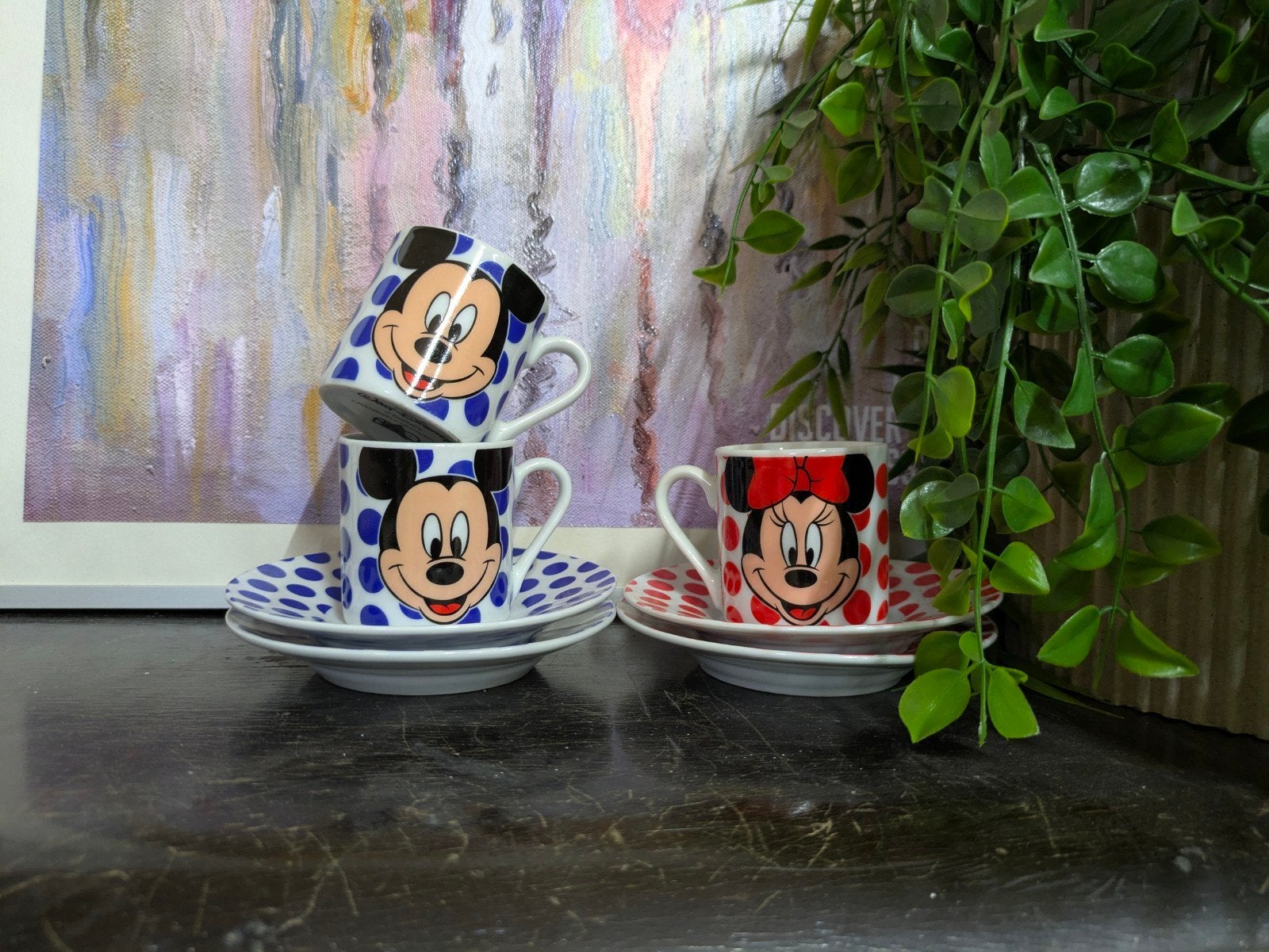 Mickey en Minnie Mouse kop en schotel set van 3, Ophalen of Verzenden, Mickey Mouse, Zo goed als nieuw, Servies