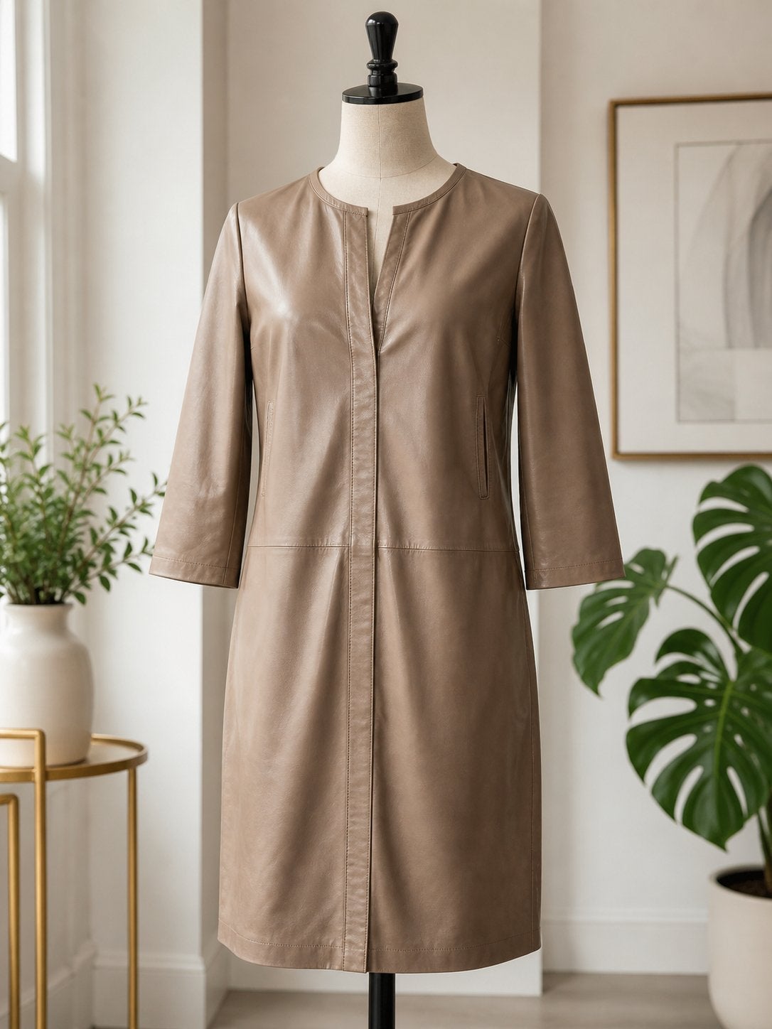 Humanoid leren jurk/tuniek - Zo goed als nieuw - maat 36/38, Kleding | Dames, Ophalen of Verzenden, Zo goed als nieuw, Bruin, Knielengte
