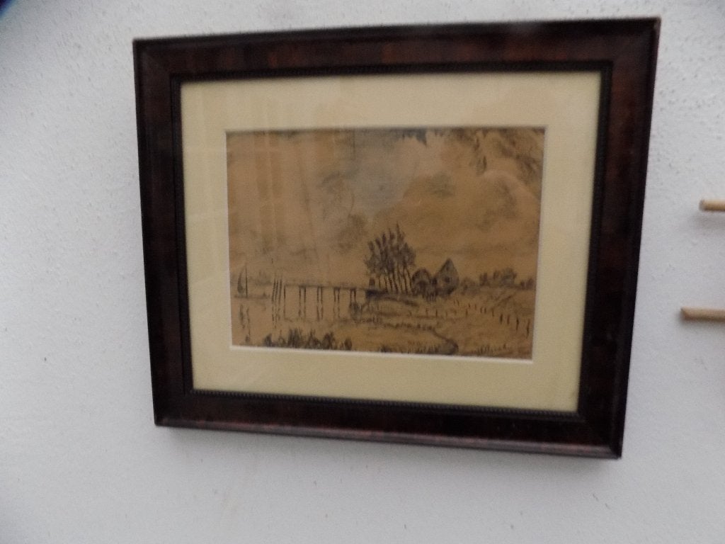 tekening riviergezicht met dijkhuis aanlegsteiger zeilboot, Ophalen of Verzenden, Gebruikt