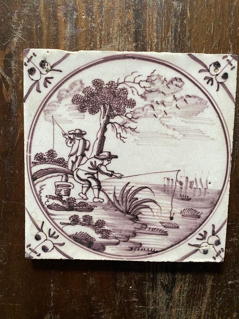 antieke tegel met twee vissers, 13 x 13 cm, Ophalen of Verzenden