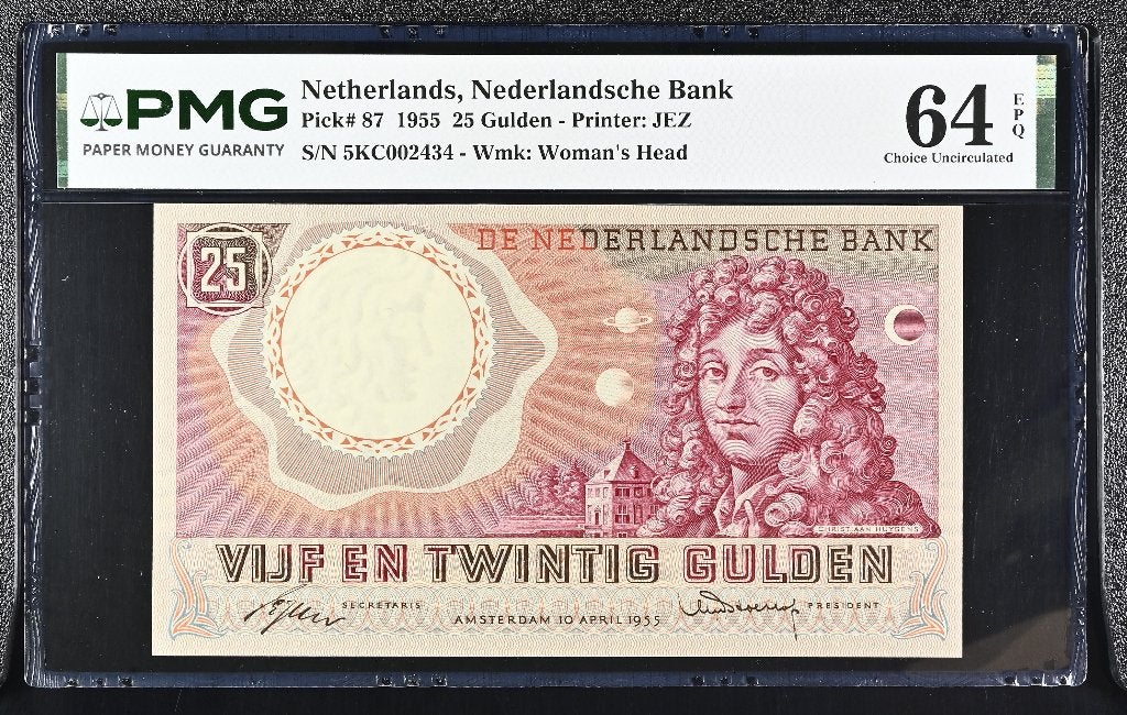 UNC biljet 25 gulden Huygens, 1955 | PMG 64 EPQ, Ophalen of Verzenden, 25 gulden