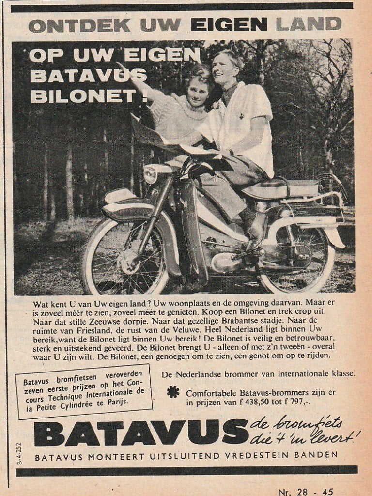 retro reclame 1958 Batavus Bilonet brommer eigen land, Verzenden, Overige typen