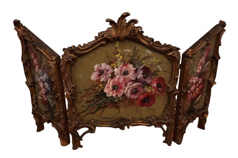 zeldzame tafelparavent "L. Zegers" triptiek schilderij, Antiek en Kunst, Bloemen, Paneel, Ophalen of Verzenden, Olieverf