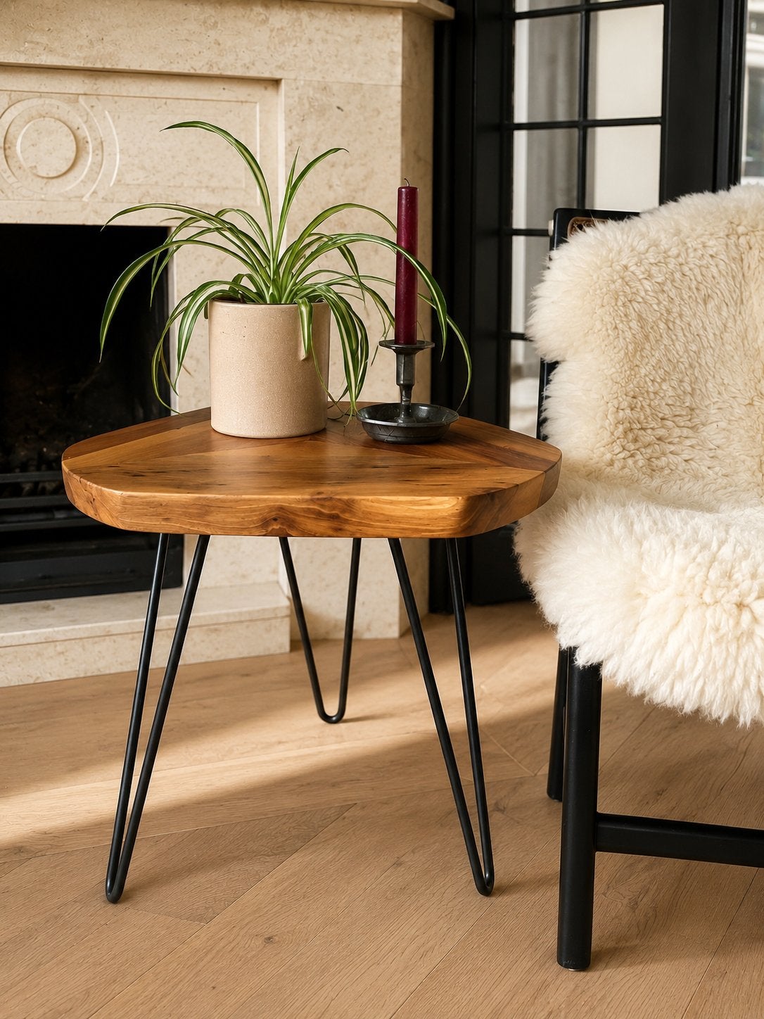 Design geometrisch Japandi side table, Huis en Inrichting, Tafels | Bijzettafels, Gebruikt, Overige vormen, 45 tot 60 cm, 55 tot 75 cm