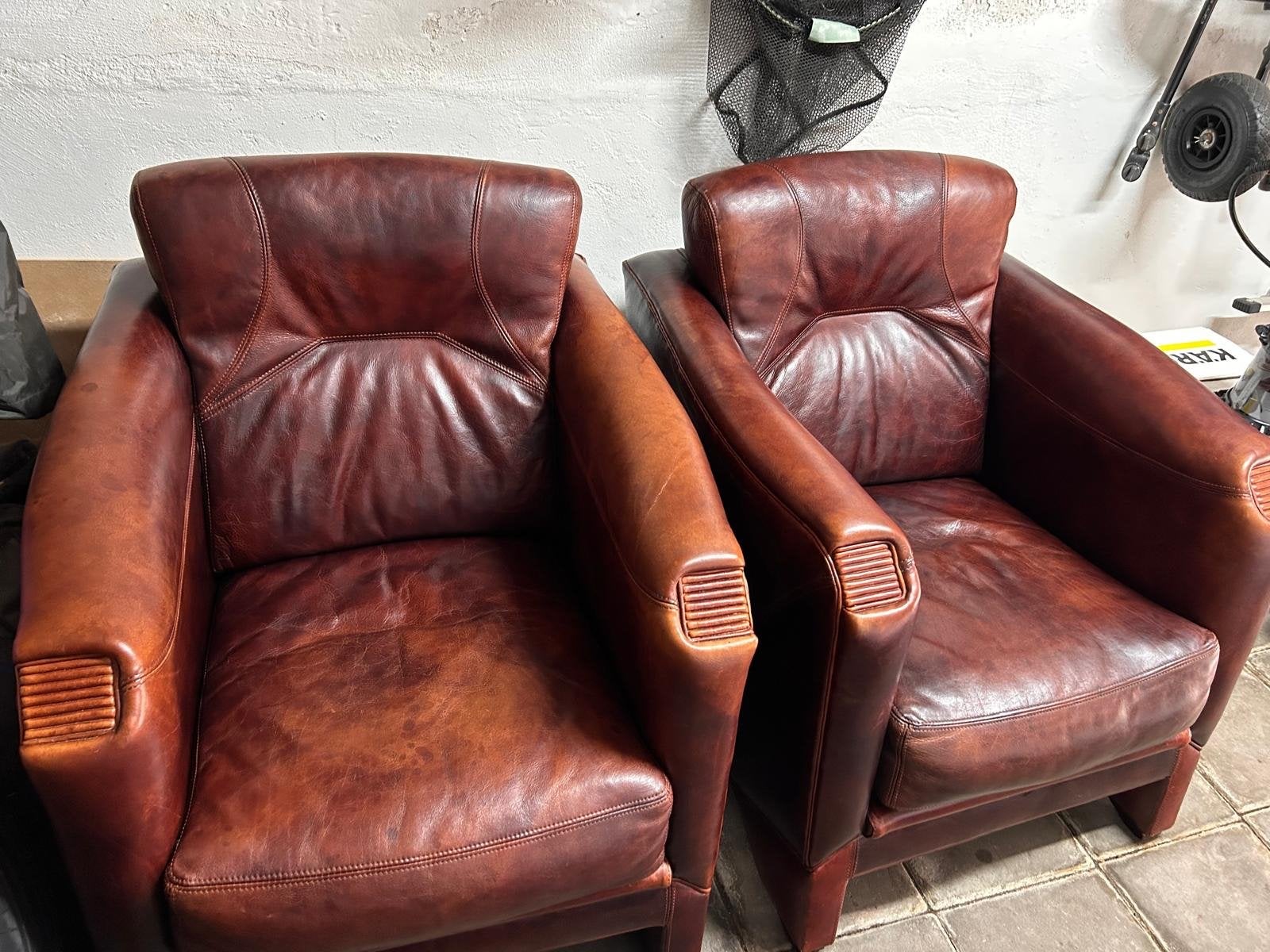 2 Leren fauteuils en tweezitsbank - Vintage bruin leer, Huis en Inrichting, Stoelen, Gebruikt, Twee, Bruin, Leer