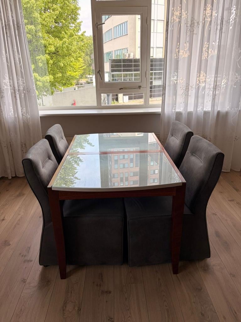Klassieke Eethoek | Uitschuifbare Tafel + 4 Stoelen op Wiel, Gebruikt, Overige houtsoorten, 50 tot 100 cm, 150 tot 200 cm
