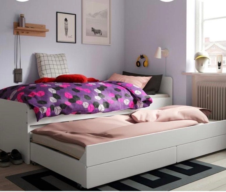 IKEA SLÄKT Bedframe met onderbed en opberger, wit, 90x200 cm, Ophalen, Gebruikt, 90 cm, Eenpersoons