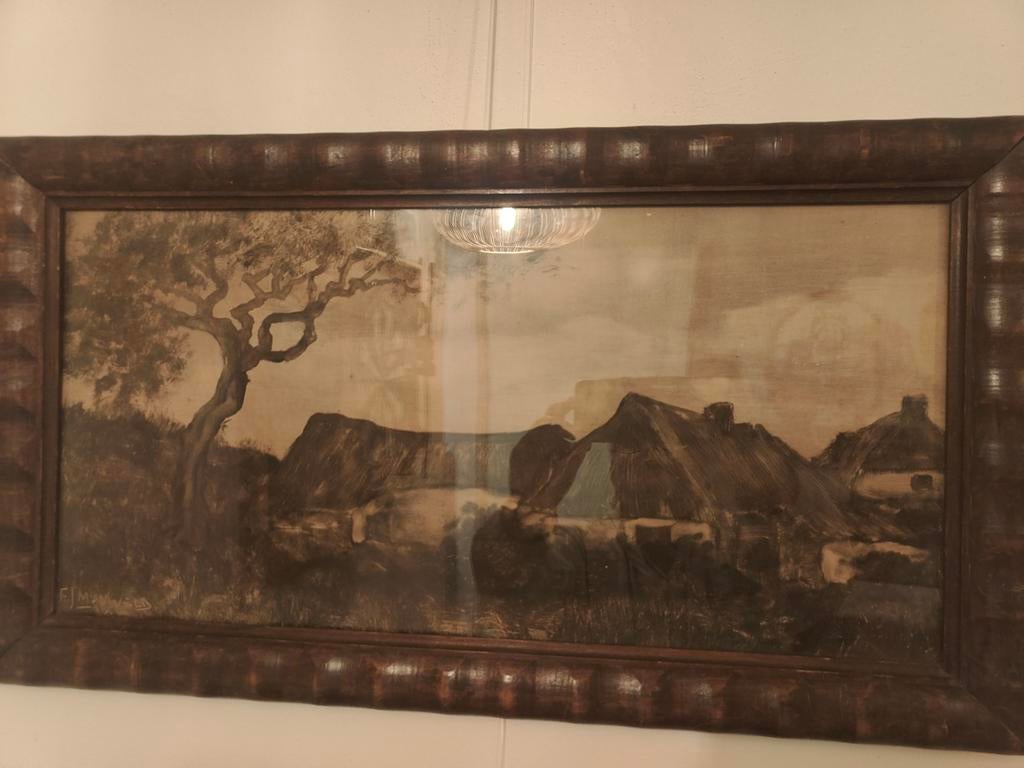 FJ. MANSVELD (1872-1951) - Hutten aan de duinrand, sepia, Ophalen of Verzenden