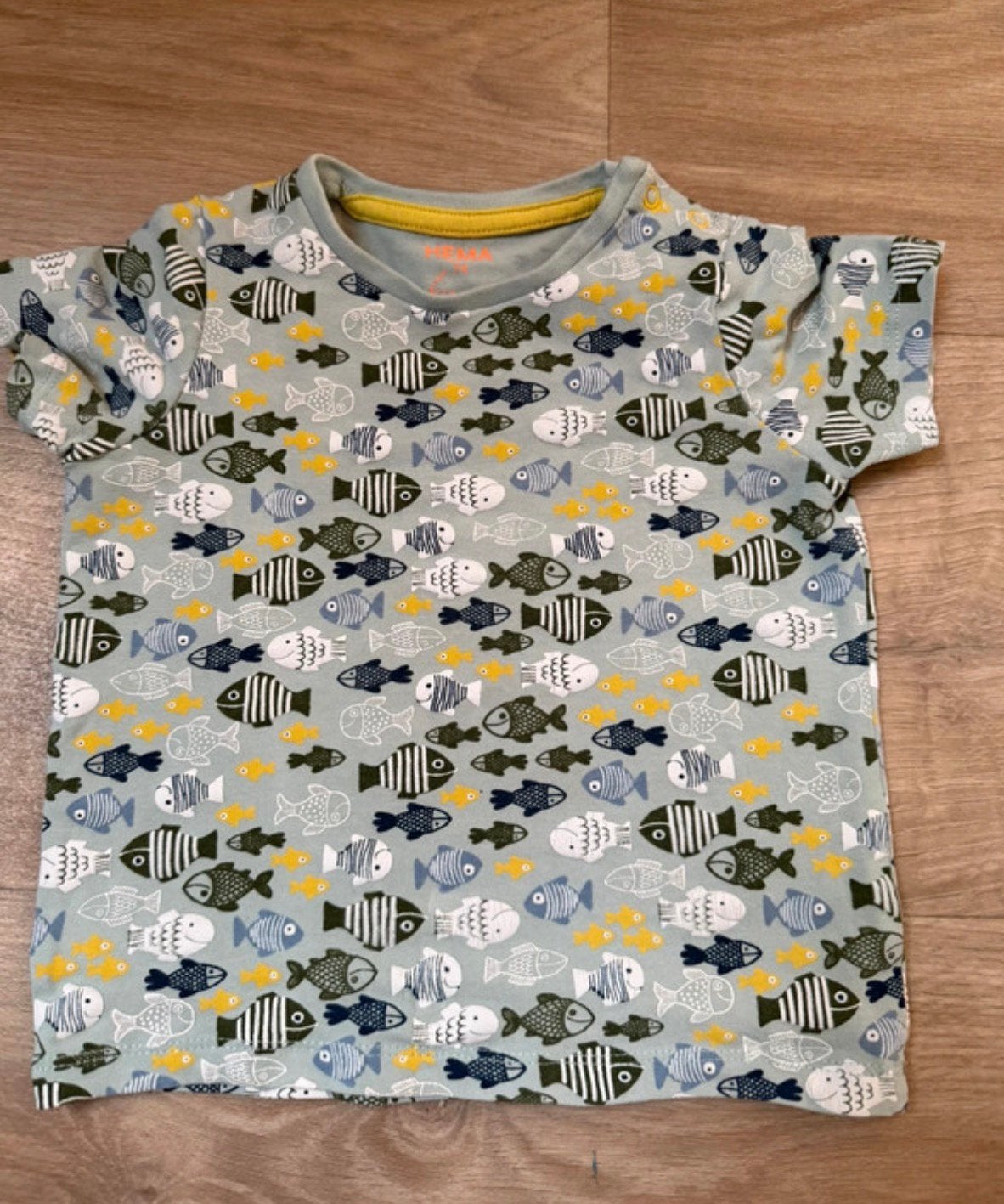 Mintgroen shirtje met vissen  HEMA - maat 74, Ophalen of Verzenden, Zo goed als nieuw, Jongetje, Shirtje of Longsleeve