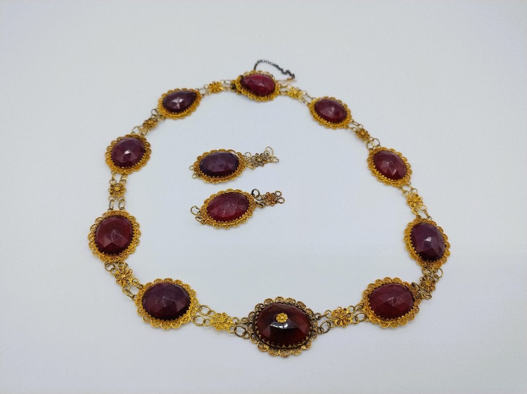 Gouden bootjesketting met granaat, 2 losse schakels, 42,5 cm, Sieraden, Tassen en Uiterlijk, Antieke sieraden, Verzenden, Goud