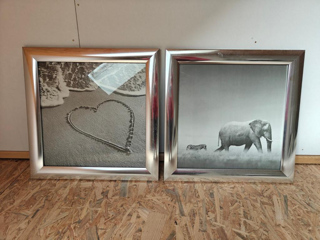 Zwart-wit schilderijen met zilverkleurige omlijsting, Ophalen, 50 tot 75 cm, Zo goed als nieuw, Schilderij