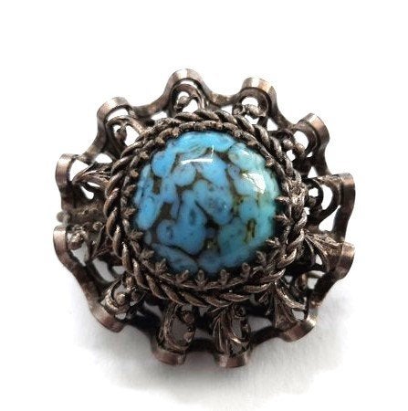 Antieke ronde Tsjechische broche met turkoois, Ophalen, Overige materialen, Broche