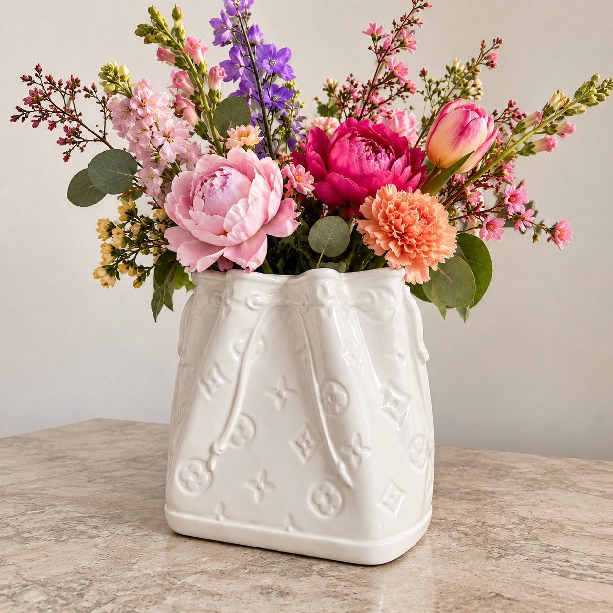 Handtas Vaas Creme/Wit met Patroon - Stijlvolle Decoratie, 26 cm, Met patroon/structuur, Wit, Nieuw