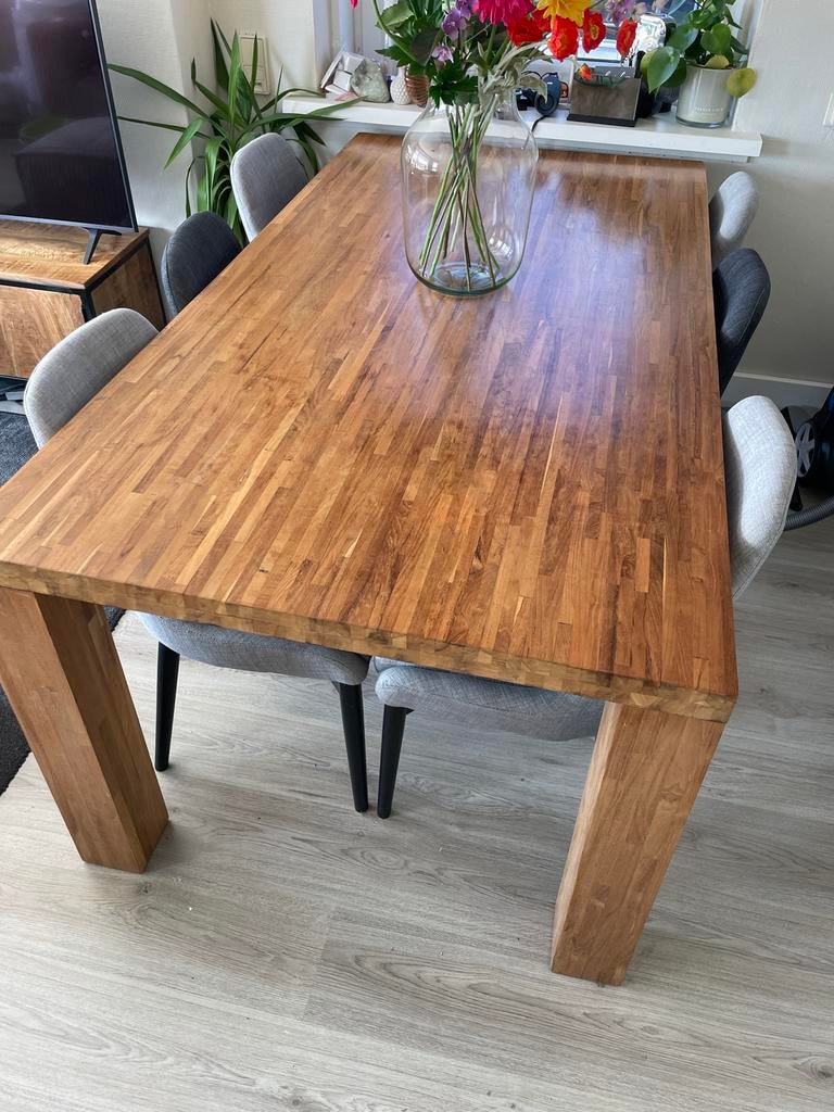 Massief hardhouten eettafel - 200x90x75 cm - Nieuwe laklaag, Huis en Inrichting, Tafels | Eettafels, Ophalen, 200 cm of meer, 50 tot 100 cm