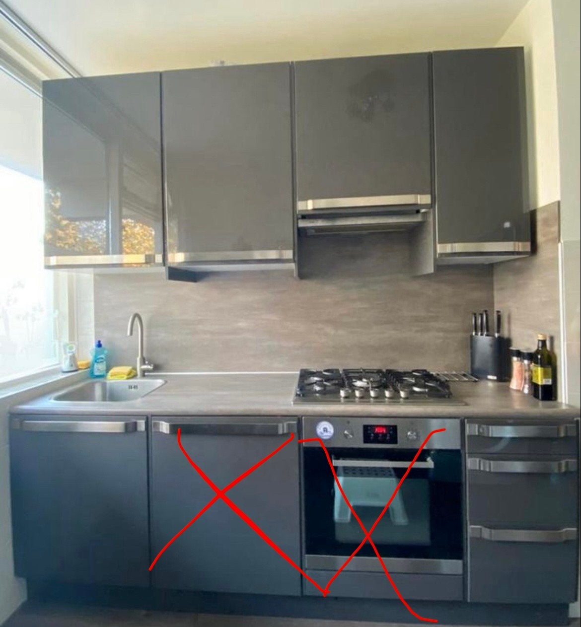 Moderne grijze keuken hoogglans ikea. Is al gedemonteerd, Ophalen, Gebruikt, Enkelwandige keuken, Hoogglans of Gelakt