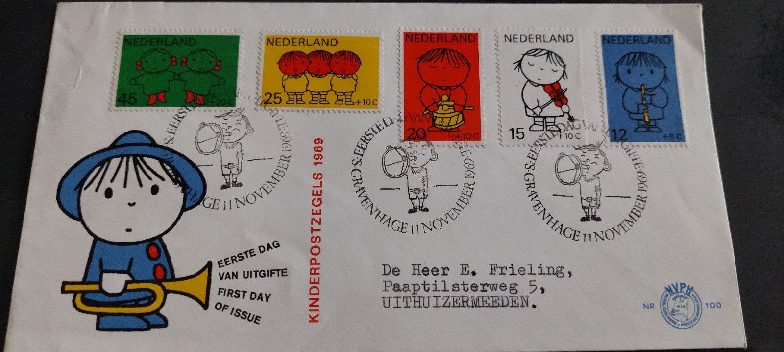 eerste dag envelop nederland e100 kind 1969, Ophalen, Beschreven, Nederland