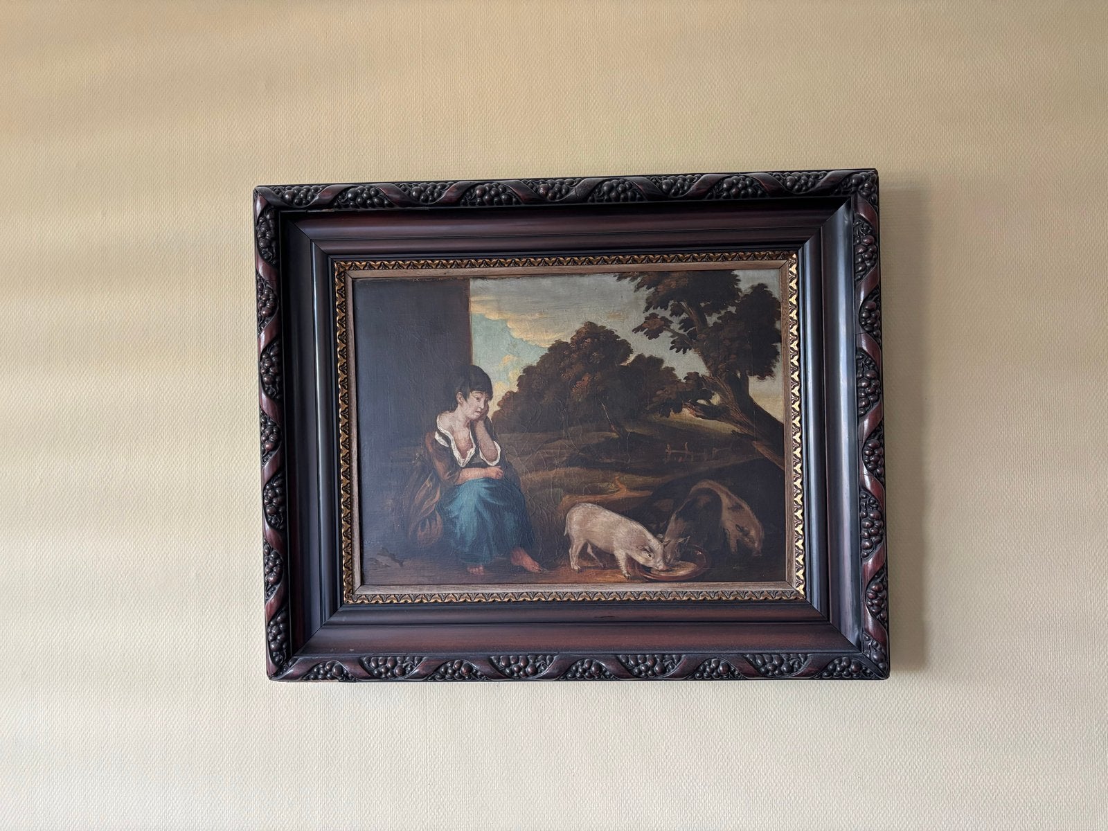 Olieverfschilderij: Meisje met varken in mooie lijst, Antiek en Kunst, Kunst | Schilderijen | Klassiek, Ophalen, Doek, Portret of Personen