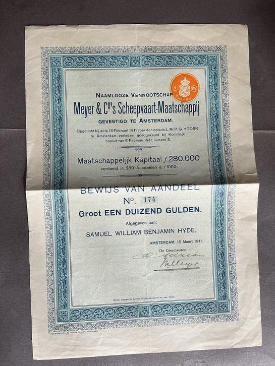 Historisch Aandeel Meyer & C's Scheepvaart-Maatschappij 1911, Postzegels en Munten, Verzenden, Voor 1920, Aandeel