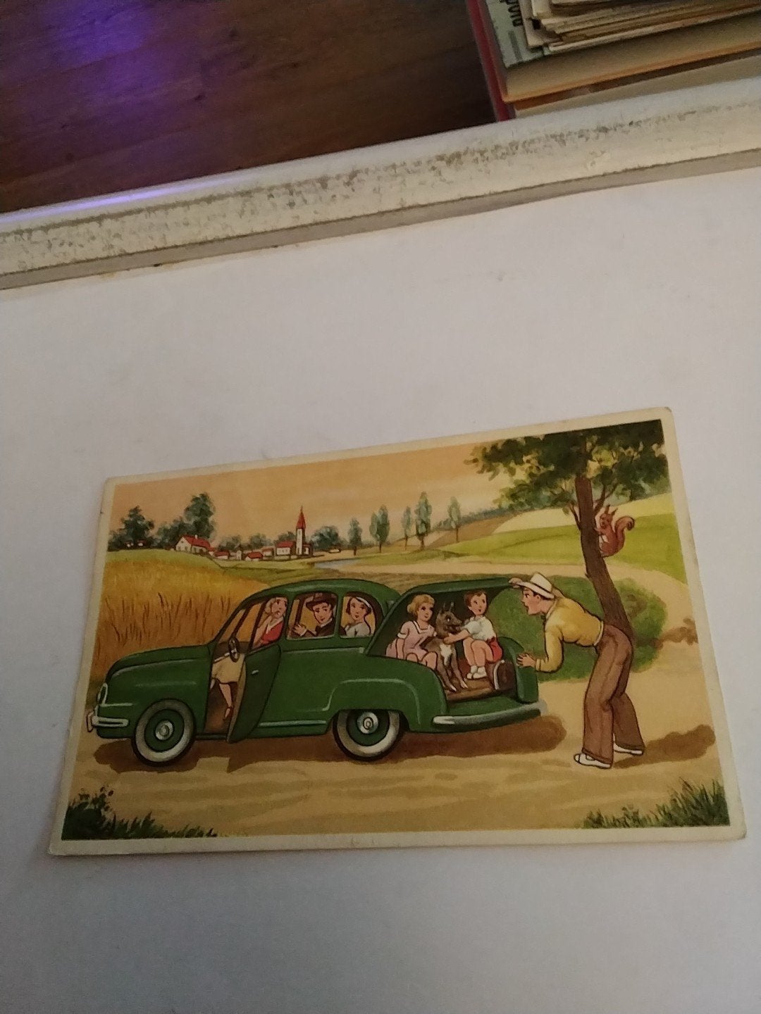 Vintage Ansichtkaart: Gezin op Vakantie in Auto 1955, Ophalen of Verzenden