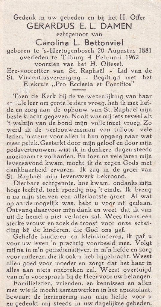Damen Gerardus 1881 Den Bosch 1962 Tilburg, Ophalen of Verzenden, Bidprentje