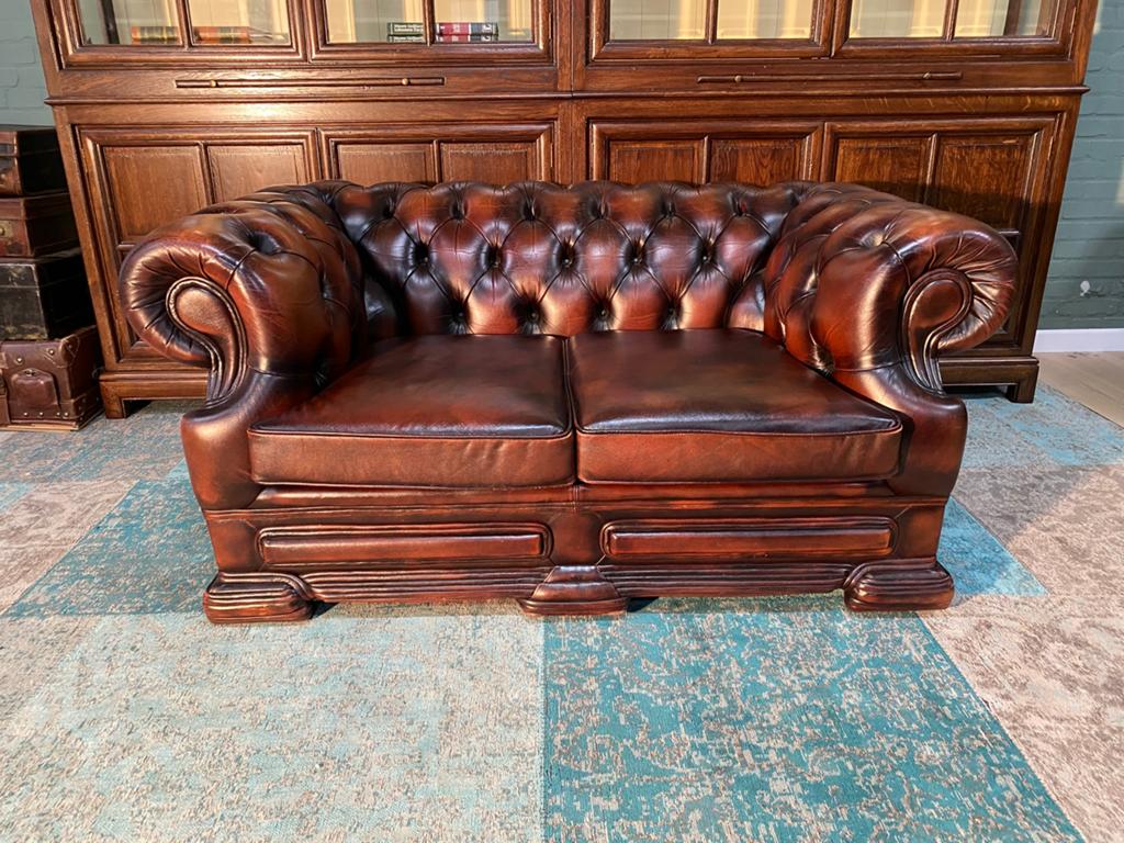 Comacte Chesterfield bank bruin vevlamd, Gebruikt, Ophalen of Verzenden, Rechthoekig, Leer