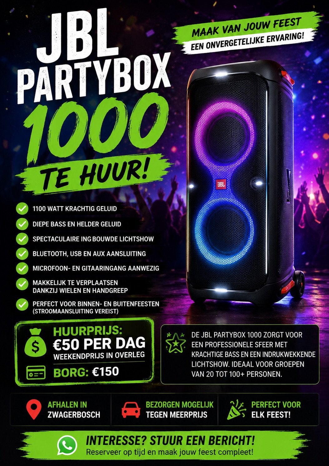 JBL PartyBox 1000 te huur!, Ophalen, Zo goed als nieuw, Luidspreker(s)
