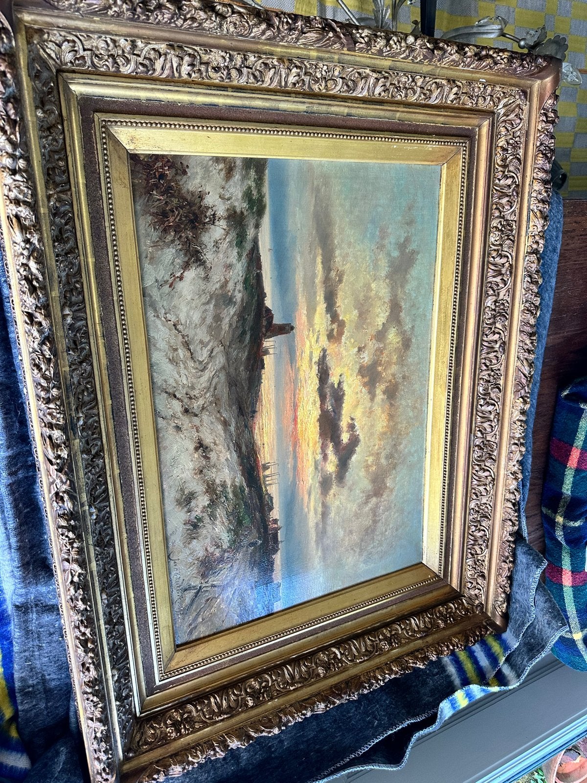 Klassiek Schilderij: Kustlandschap met Zonsondergang, Ophalen, Doek, Landschap, Olieverf