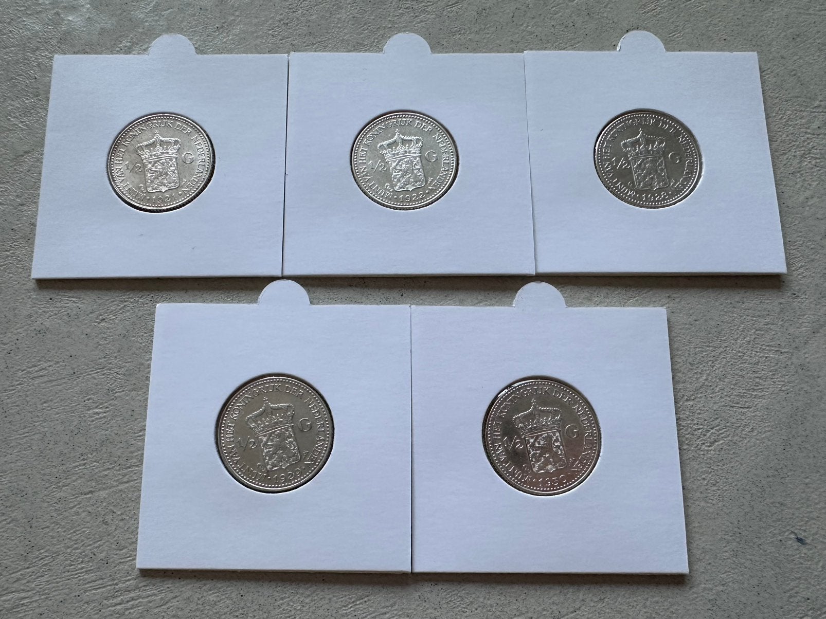 Serie halve guldens Wilhelmina 1921, 1922, 1928, 1929, 1930, Ophalen of Verzenden, Koningin Wilhelmina, ½ gulden, Zilver
