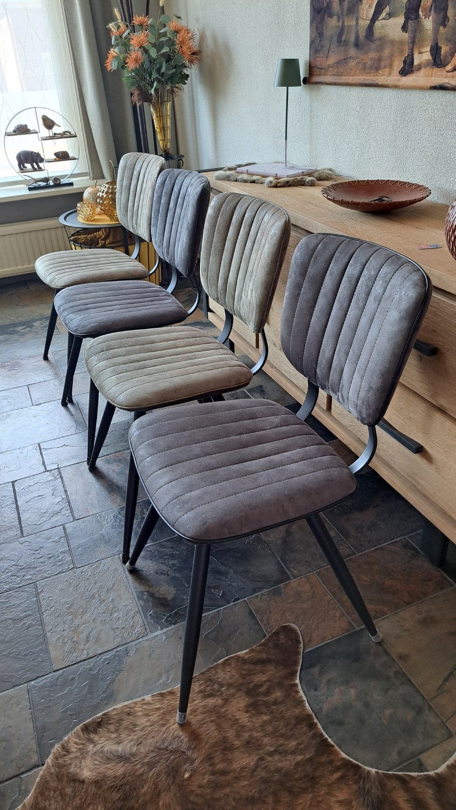 Set van 4 gestoffeerde eetkamerstoelen, Ophalen, Gebruikt, Modern, Industrieel, Grijs