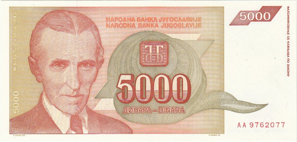 Joegoslavië - Nikola Tesla 5000 Dinar 1993 UNC - P128, Ophalen of Verzenden, Joegoslavië