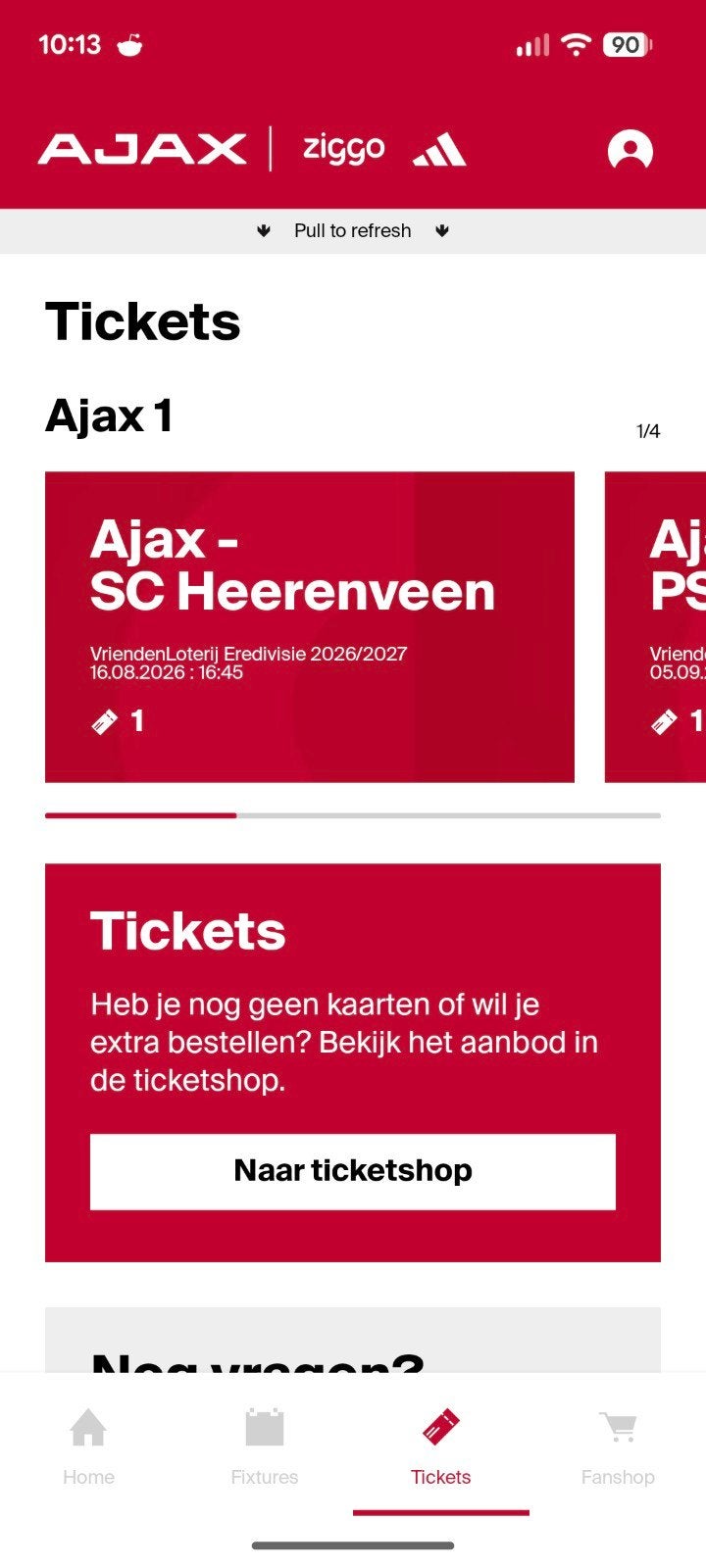 1x kaartje Ajax - SC Heerenveen vak 410 rij 23, Eén persoon, November