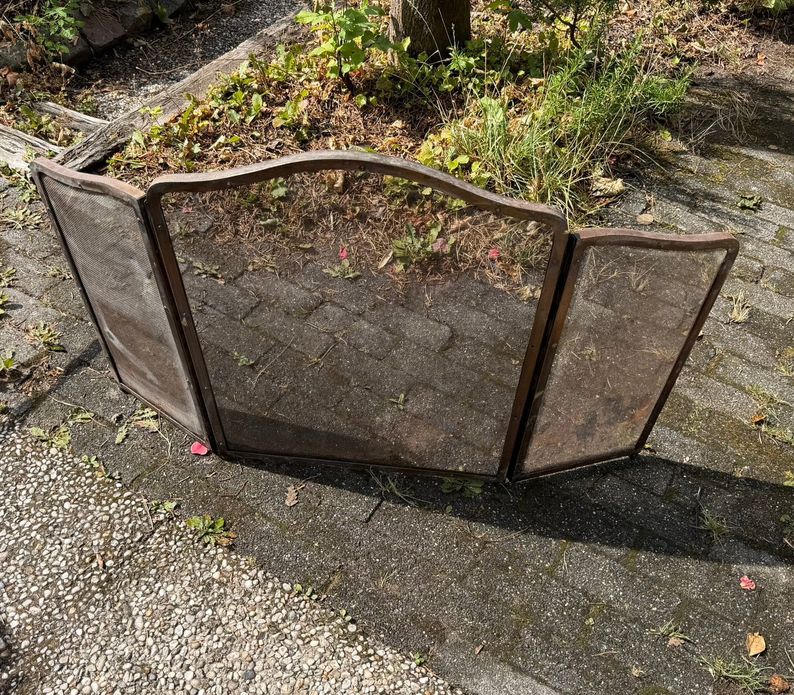 Haardscherm met koper beslag, Huis en Inrichting, Haarden, Ophalen of Verzenden, Zo goed als nieuw, Vrijstaande haard, Houthaard