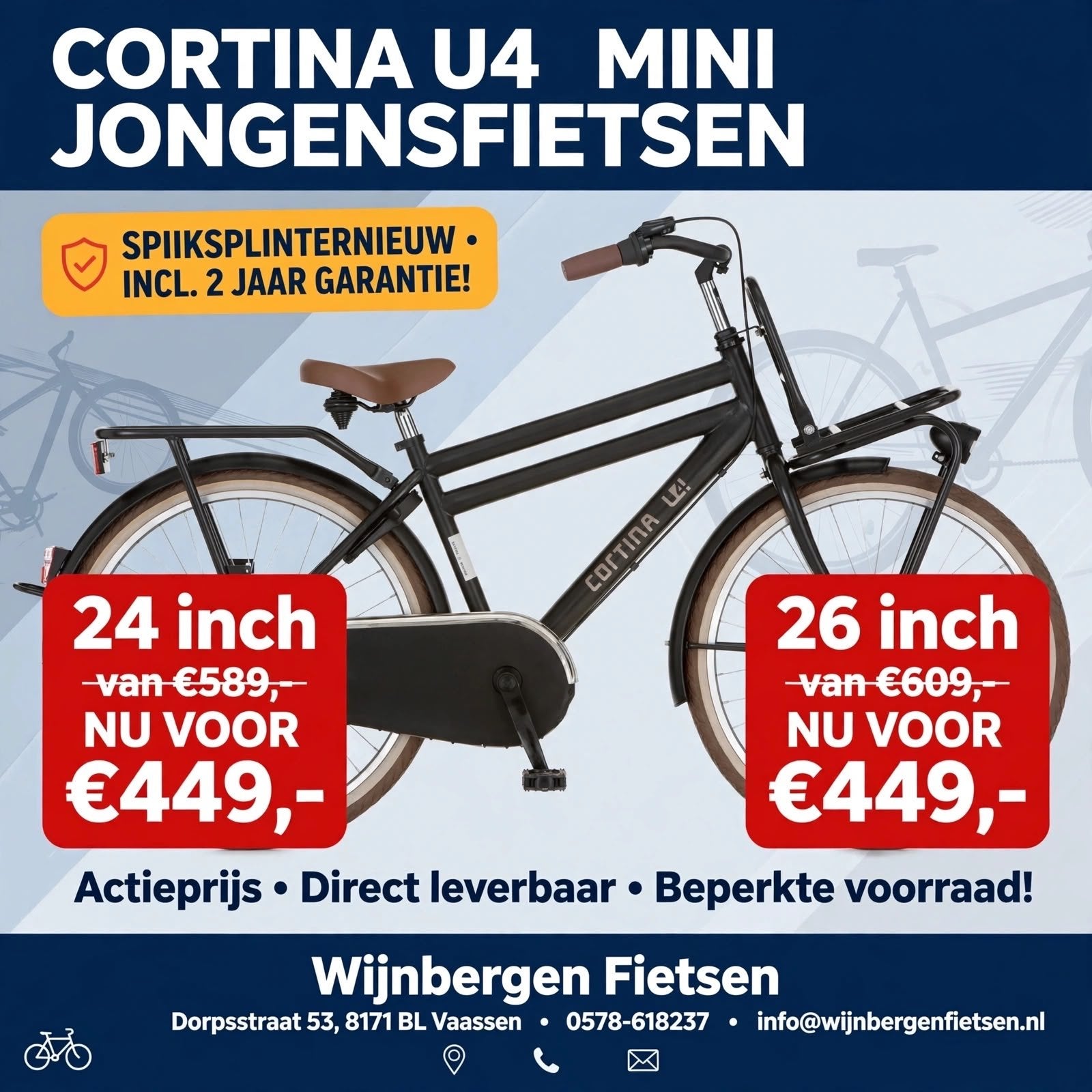 Nieuwe Cortina U4 Jongensfiets - 24/26 inch, 3 versnellingen, Ophalen of Verzenden, Nieuw, 26 inch of meer, Versnellingen