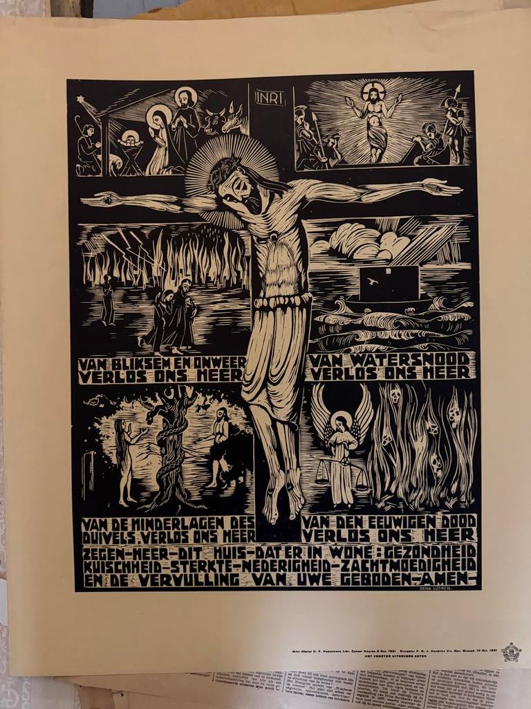 Religieuze print Genia Lücker, 1931, Asten NB, Antiek en Kunst, Kunst | Etsen en Gravures, Ophalen of Verzenden