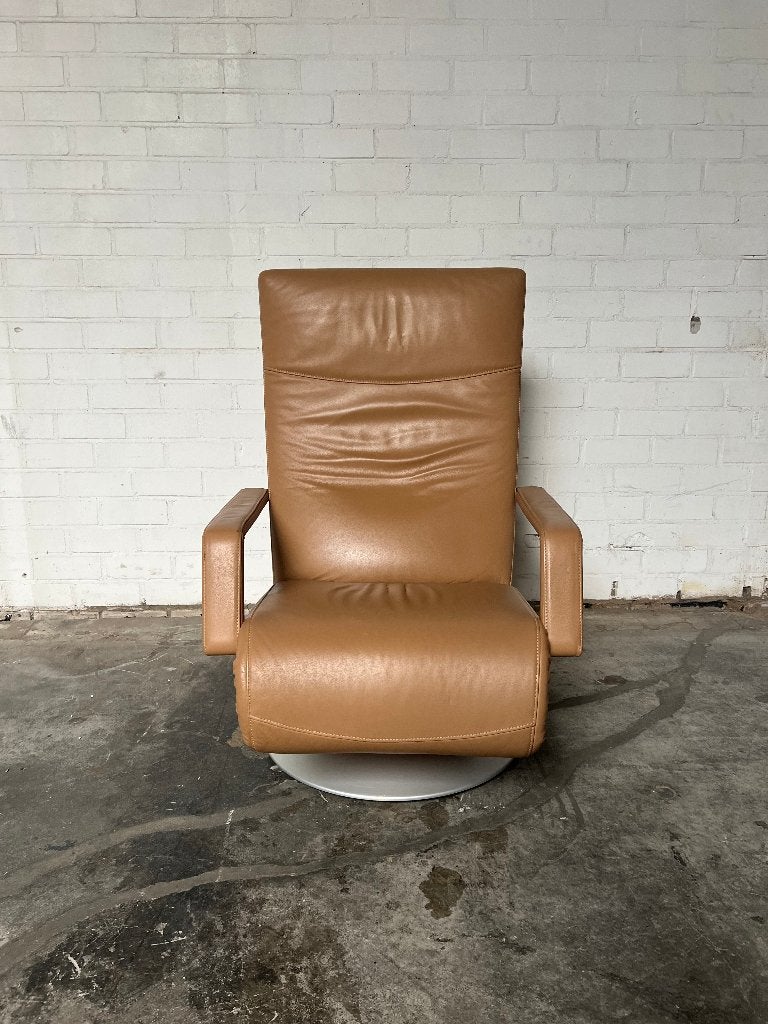 Cognac draaibare relaxfauteuil met hoge rugleuning, Gebruikt, Minder dan 75 cm, Leer, Ophalen of Verzenden