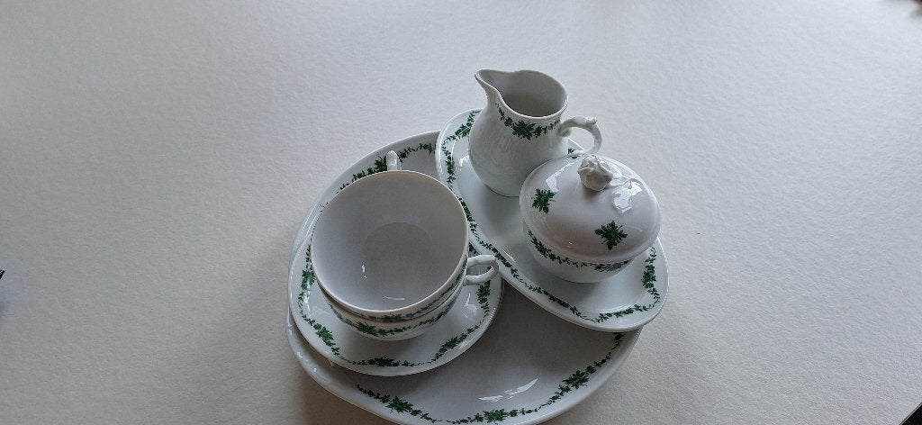 Duits thee/koffie servies set met groen bladmotief, Overige merken, Ophalen of Verzenden, Zo goed als nieuw, Overige stijlen