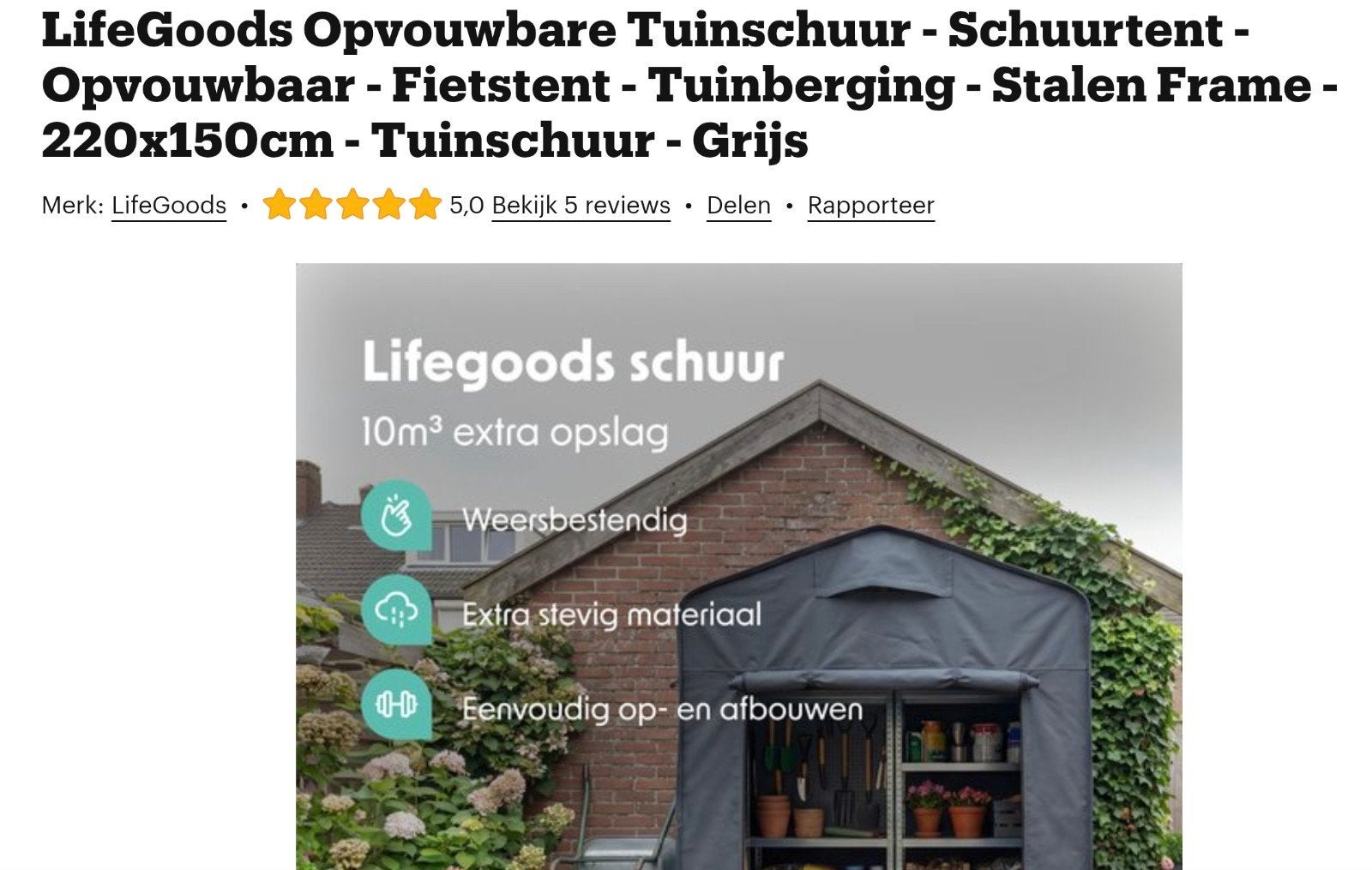 LifeGoods Opvouwbare Tuinschuur - Schuurtent - Grijs, Ophalen, Zo goed als nieuw, Metaal, Fietsenberging