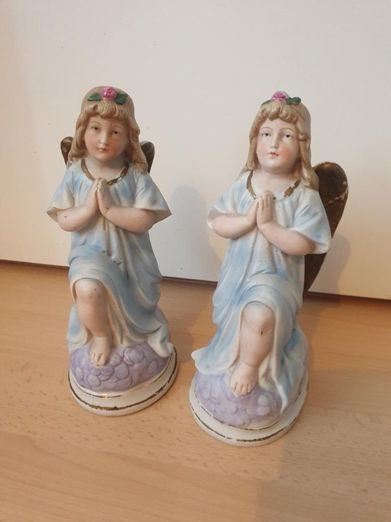 Set van 2 antieke Victoriaanse porseleinen engelenbeeldjes, Antiek en Kunst, Antiek | Religie, Ophalen of Verzenden
