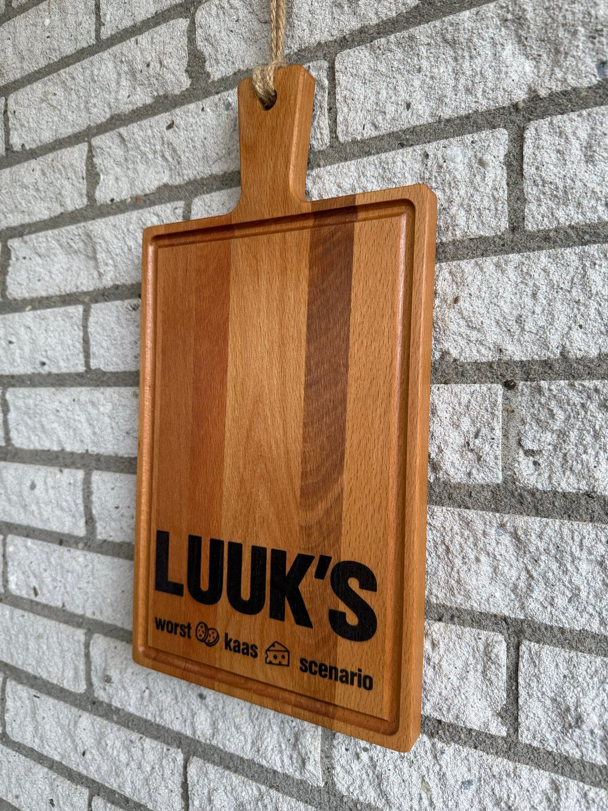 Gepersonaliseerde Snijplank 'Worst Kaas Scenario' - 38x20cm, Snij-/serveerplank, Ophalen of Verzenden, Nieuw, Hout