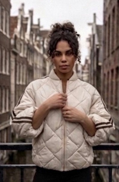 Cream & Chocolate Striped 3/4-Sleeve Puffer Jacket, Maat 38/40 (M), Bruin, ., Nieuw