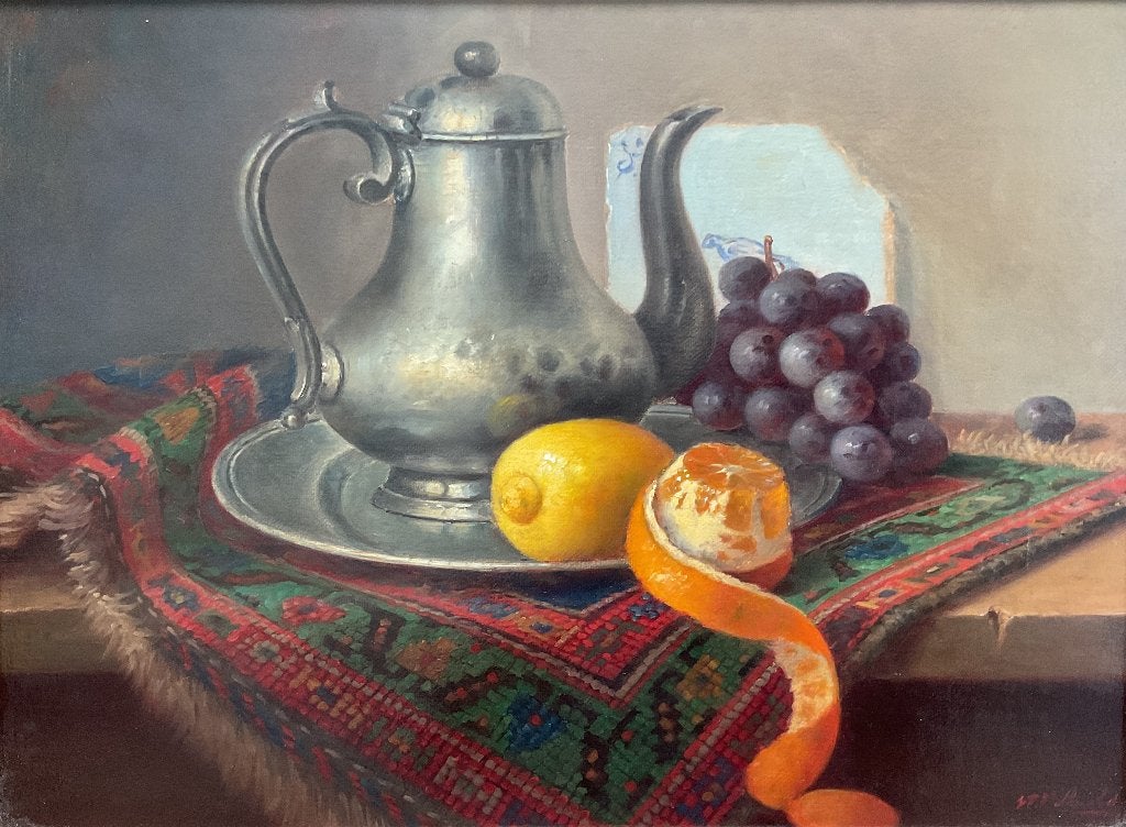 E. P. Moleveld (1946) - Stilleven met tinnen ketel en fruit, Ophalen of Verzenden, Origineel werk