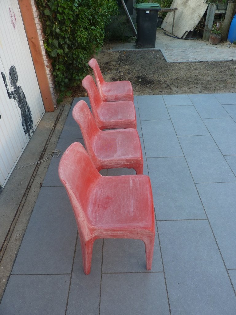 4 rode stoelen, eetkamerstoelen, terrasstoelen, vintage, Huis en Inrichting, Ophalen, Kunststof, Gebruikt, Vintage, tijdgeest jaren 60/70