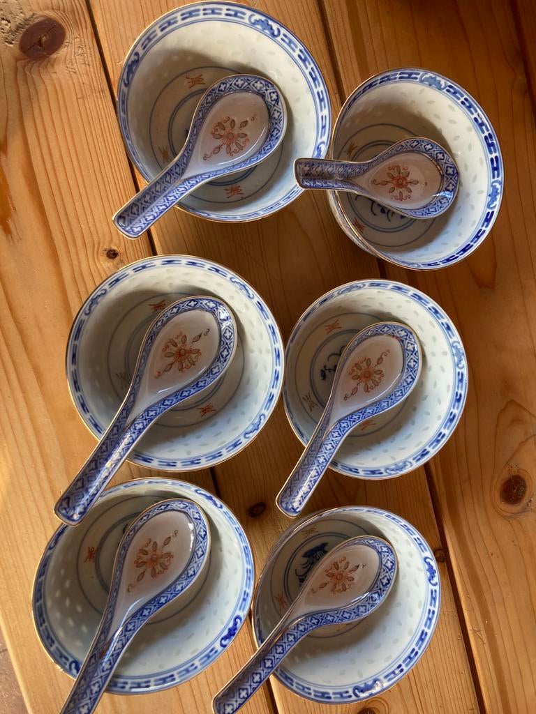 6 Chinese soepkommen met lepels - Blauw/Wit porselein, Ophalen of Verzenden